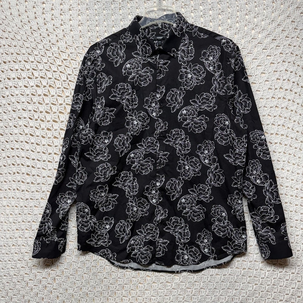 Express Shirt Men's XL Black White Floral Slim 1MX Long Sleeve Button Up